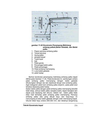 Teknik Konstruksi kapal 216
gambar 11.45 Konstruksi Penampang Melintang
ambang palkah,Balok Geladak, dan Balok
palka
1. Papan penutup ambang palka
2. Terpal penutup
3. Ujung palka
4. penjepit terpal
5. Tupai-tupai
6. baji
7. Pelat ganda
8. Penyangga balok palka
9. Pelat penyangga
10. Pelat ambang memanjang
11. Lutut balok geladak
12. pelat hadap
Bentuk konstruksi penampang melintang ambang palka dapat
dilihat pada Gambar 11.45. Pada konstruksi ini, sambungan antara
pelat ambang palka memanjang dengan balok geladak
dihubungkan dengan las dan diperkuat dengn lutut ambang palka.
Agar ketegaran pelat lutut ambang palka terjamin, pada pelat lutut
tersebut dipasang pelat hadap.
Ikatan balok palka dengan pelat ambang palka memanjang bersifat
tidak tetap, artinya balok palka sewaktu-waktu dapat diangkat dan
dapat pula dipasang dan dikunci. Dalam hal , balok palka tidak
dilas mati terhadap pelat ambang palka memanjang. Penutup
ambang palka ada yang dibuat kayu dan kayu-kayu ini
menumpang di atas balok geladak dengan arah memanjang kapal.
Ukuran lebar kayu antara 200-300 mm, dan tebalnya bergantung
 