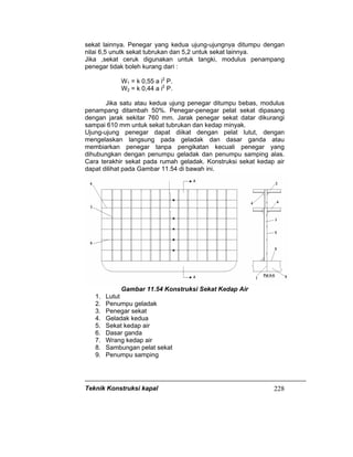Teknik Konstruksi kapal 228
sekat lainnya. Penegar yang kedua ujung-ujungnya ditumpu dengan
nilai 6,5 unutk sekat tubrukan dan 5,2 untuk sekat lainnya.
Jika ,sekat ceruk digunakan untuk tangki, modulus penampang
penegar tidak boleh kurang dari :
W1 = k 0,55 a i2
P.
W2 = k 0,44 a i2
P.
Jika satu atau kedua ujung penegar ditumpu bebas, modulus
penampang ditambah 50%. Penegar-penegar pelat sekat dipasang
dengan jarak sekitar 760 mm. Jarak penegar sekat datar dikurangi
sampai 610 mm untuk sekat tubrukan dan kedap minyak.
Ujung-ujung penegar dapat diikat dengan pelat lutut, dengan
mengelaskan langsung pada geladak dan dasar ganda atau
membiarkan penegar tanpa pengikatan kecuali penegar yang
dihubungkan dengan penumpu geladak dan penumpu samping alas.
Cara terakhir sekat pada rumah geladak. Konstruksi sekat kedap air
dapat dilihat pada Gambar 11.54 di bawah ini.
Gambar 11.54 Konstruksi Sekat Kedap Air
1. Lutut
2. Penumpu geladak
3. Penegar sekat
4. Geladak kedua
5. Sekat kedap air
6. Dasar ganda
7. Wrang kedap air
8. Sambungan pelat sekat
9. Penumpu samping
 