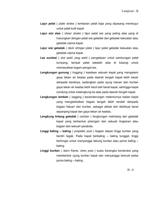 Lampiran : B
B - 6
Lajur pelat ( plate strake ) lembaran pelat baja yang dipasang membujur
untuk pelat kulit kapal
Lajur sisi atas ( sheer strake ) lajur pelat sisi yang paling atas yang di
hubungkan dengan pelat sisi geladak dari geladak kekuatan atau
geladak utama kapal.
Lajur sisi geladak ( deck stringer plate ) lajur pelat geladak kekuatan atau
geladak utama kapal.
Las sumbat ( slot weld, plug weld ) pengelasan untuk sambungan pelat
tumpang, tempat pelat sebelah atas di lubangi untuk
memasukkan logam pengisi las.
Lengkungan gunung ( hogging ) keadaan sebuah kapal yang mengalami
gaya tekan air keatas pada daerah tengah kapal lebih besar
daripada beratnya, sedangkan pada ujung haluan dan buritan
gaya tekan air keatas lebih kecil dari berat kapal, sehingga kapal
condong untuk melengkung ke atas pada daerah tengah kapal.
Lengkungan lembah ( sagging ) kecenderungan melenturnya badan kapal
yang mengakibatkan bagian tengah lebih rendah daripada
bagian haluan dan buritan, sebagai akibat dari distribusi berat
sepanjang kapal dan gaya tekan air keatas.
Lengkung lintang geladak ( camber ) lengkungan melintang dari geladak
kapal yang berbentuk potongan dari sebuah lingkaran atau
bagian dari sebuah parabola.
Linggi baling – baling ( propeller post ) bagian depan linggi buritan yang
berdiri tegak. Pada kapal berbaling – baling tunggal, linggi
berfungsi untuk menyangga tabung buritan atau poros baling –
baling.
Linggi buritan ( stern frame, stren post ) suatu kerangka konstruksi yang
membentuk ujung buritan kapal dan menyangga kemudi serba
poros baling – baling.
 