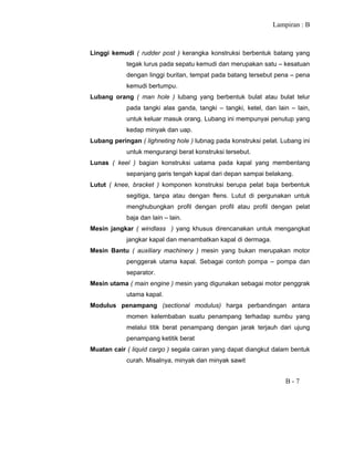 Lampiran : B
B - 7
Linggi kemudi ( rudder post ) kerangka konstruksi berbentuk batang yang
tegak lurus pada sepatu kemudi dan merupakan satu – kesatuan
dengan linggi buritan, tempat pada batang tersebut pena – pena
kemudi bertumpu.
Lubang orang ( man hole ) lubang yang berbentuk bulat atau bulat telur
pada tangki alas ganda, tangki – tangki, ketel, dan lain – lain,
untuk keluar masuk orang. Lubang ini mempunyai penutup yang
kedap minyak dan uap.
Lubang peringan ( lighneting hole ) lubnag pada konstruksi pelat. Lubang ini
untuk mengurangi berat konstruksi tersebut.
Lunas ( keel ) bagian konstruksi uatama pada kapal yang membentang
sepanjang garis tengah kapal dari depan sampai belakang.
Lutut ( knee, bracket ) komponen konstruksi berupa pelat baja berbentuk
segitiga, tanpa atau dengan flens. Lutut di pergunakan untuk
menghubungkan profil dengan profil atau profil dengan pelat
baja dan lain – lain.
Mesin jangkar ( windlass ) yang khusus direncanakan untuk mengangkat
jangkar kapal dan menambatkan kapal di dermaga.
Mesin Bantu ( auxiliary machinery ) mesin yang bukan merupakan motor
penggerak utama kapal. Sebagai contoh pompa – pompa dan
separator.
Mesin utama ( main engine ) mesin yang digunakan sebagai motor penggrak
utama kapal.
Modulus penampang (sectional modulus) harga perbandingan antara
momen kelembaban suatu penampang terhadap sumbu yang
melalui titik berat penampang dengan jarak terjauh dari ujung
penampang ketitik berat
Muatan cair ( liquid cargo ) segala cairan yang dapat diangkut dalam bentuk
curah. Misalnya, minyak dan minyak sawit
 