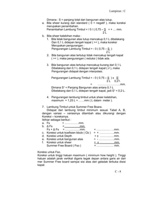 Lampiran : C
C - 8
Dimana : S = panjang total dari bangunan atas tutup.
a. Bila sheer kurang dari standard ( 0 = negatif ), maka koreksi
merupakan penambahan.
Penambahan Lambung Timbul = / 0 / ( 0,75 – S = + … mm.
2 L
b. Bila sheer kelebihan maka :
1. Bila letak bangunan atas tutup mencakup 0,1 L dibelakang
Dan 0,1 L didepan tengah kapal ( >< ), maka koreksi
Merupakan pengurangan :
Pengurangan Lambung Timbul = - 0 ( 0,75 – S )
2 L
2. Bila bangunan atas tertutup tidak mencakup tengah kapal
( >< ), maka pengurangan ( reduksi ) tidak ada.
3. Bila bangunan atas tertutup mencakup kurang dari 0,1 L
Dibelakang dan 0,1 L didepan tengah kapal ( ∂ ), maka
Pengurangan didapat dengan interpolasi.
Pengurangan Lambung Timbul = - 0 ( 0,75 – S ) x S’
2 L 0,21.
= ……………………mm.
Dimana S¹ = Panjang Bangunan atas antara 0,1 L
Dibelakang dan 0,1 L didepan tengah kapal, jadi S¹ < 0,2 L.
4. Pengurangan lambung timbul untuk sheer kelebihan,
maximum = 1,25 L = ……mm ( L dalam meter ).
7. Lambung Timbul untuk Summer Free Boara.
Didapat dari lambung timbul minimum sesuai Tabel A, B,
dengan variasi – variasinya ditambah atau dikurangi dengan
Koreksi – koreksinya.
Ikthiar sebagai berikut :
a. Fs = ……………mm.
b. ∆ Fs = …………….mm.
Fs + ∆ Fs = …………….mm. = …………… …mm.
c. Koreksi untuk koefisien block ( Cb ) = + …………….mm.
d. Koreksi untuk Depth = ± ……………mm.
e. Koreksi untuk bangunan atas = - ……………..mm.
f. Koreksi untuk sheer = ± …………….mm.
Summer Free Board ( Fso ) = ……………… mm.
Koreksi untuk Fso.
Koreksi untuk tinggi haluan maximum ( minimum how height ). Tinggi
haluan adalah jarak vertikal digaris tegak depan antara garis air dari
mer Summer Free board sampai sisi atas dari geladak terbuka disisi
kapal.
 