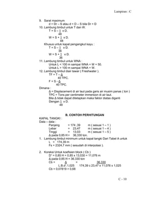 Lampiran : C
C - 10
9. Sarat maximum
d = Dr – S atau d = D – S bila Dr = D
10. Lambung timbul untuk T dan W.
T = S – 1 x D.
48
W = S + 1 x D.
48
Khusus untuk kapal pengangkut kayu :
T = S – 1 x D.
36
W = S + 1 x D.
36
11. Lambung timbul untuk WNA :
Untuk L < 100 m sampai WNA = W + 50.
Untuk L > 100 m sampai WNA = W.
12. Lambung timbul diair tawar ( Freshwater ).
TF = T – ∆
40 TPC.
F = S - ∆
40 TPC.
Dimana :
∆ = Displacement di air laut pada garis air musim panas ( ton )
TPC = Tons per centimeter immersion di air laut.
Bila ∆ tidak dapat ditetapkan maka faktor diatas diganti
Dengan 1 x D.
48
B. CONTOH PERHITUNGAN
KAPAL TANGKI :
Data – data :
Panjang = 174 ,39 m ( sesuai 1 – 1 )
Lebar = 23,47 m ( sesuai 1 – 4 )
Tinggi = 13,03 m ( sesuai 1 – 5 )
∆ pada 0,85 H = 36,330 ton.
1. Lambung timbul minimum untuk kapal tangki Dari Tabel A untuk
L = 174,39 m
Fs = 2324,7 mm ( sesudah di interpolasi ).
2. Koreksi Untuk koefisien block ( Cb )
D¹ = 0,85 H = 0,85 x 13,030 = 11,076 m
∆ pada 0,85 H = 36.330 ton
Cb = ∆ = 36.330
L.B.d¹.1,025 174,39 c 23,47 x 11,076 x 1,025
Cb = 0,07819 > 0,68
 