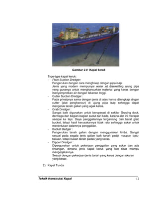 Teknik Konstruksi Kapal 12
Gambar 2.8 Kapal keruk
Type-type kapal keruk:
- Plain Suction Dredger:
Pengerukan dengan cara menghisap dengan pipa isap.
Jenis yang modern mempunyai water jet disekeliling ujung pipa
yang gunanya untuk menghancurkan material yang keras dengan
menyemprotkan air dengan tekanan tinggi.
- Cutter Suction Dredger :
Pada prinsipnya sama dengan jenis di atas hanya dilengkapi dngan
cutter (alat penghancur) di ujung pipa isap sehingga dapat
mengeruk tanah galian yang agak keras.
- Grab Dredger :
Sangat baik digunakan untuk beroperasi di sekitar Graving dock,
dermaga dan bagian-bagian sudut dari kade, karena alat ini merapat
sampai ke tepi. Daya penggaliannya tergantung dari berat grab
bucket, tetapi hasil kerusakannya tidak rata sehingga sukar untuk
menentukan dalamnya penggalian.
- Bucket Dedger :
Pengerukan tanah galian dengan menggunakan timba. Sangat
sesuai pada segala jenis galian baik tanah padat maupun batu-
batuan, tetapi bukan tanah padas yang keras.
- Dipper Dredger :
Dipergunakan untuk pekerjaan penggalian yang sukar dan ada
rintangan, dimana jenis kapal keruk yang lain tidak mampu
mengerjakannya.
Sesuai dengan pekerjaan jenis tanah yang keras dengan ukuran
yang besar.
2) Kapal Tunda
 