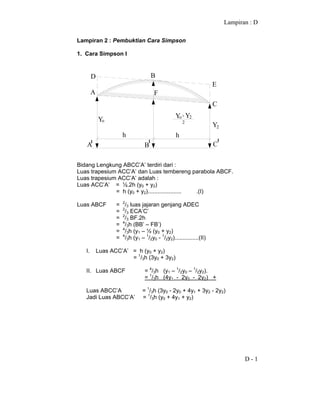 Lampiran : D
D - 1
Lampiran 2 : Pembuktian Cara Simpson
1. Cara Simpson I
D
A
B
E
C
A
1
B
1
C
1
F
h h
Y2
Yo
Yo+ Y2
2
Bidang Lengkung ABCC’A’ terdiri dari :
Luas trapesium ACC’A’ dan Luas tembereng parabola ABCF.
Luas trapesium ACC’A’ adalah :
Luas ACC’A’ = ½.2h (y0 + y2)
= h (y0 + y2)..................... .(I)
Luas ABCF = 2
/3 luas jajaran genjang ADEC
= 2
/3 ECA’C’
= 2
/3 BF.2h
= 4
/3h (BB’ – FB’)
= 4
/3h (y1 – ½ (y0 + y2)
= 4
/3h (y1 – 1
/2y0 - 1
/2y2)...............(II)
I. Luas ACC’A’ = h (y0 + y2)
= 1
/3h (3y0 + 3y2)
II. Luas ABCF = 4
/3h (y1 – 1
/2y0 – 1
/2y2).
= 1
/3h (4y1 - 2y0 - 2y2) +
Luas ABCC’A = 1
/3h (3y0 - 2y0 + 4y1 + 3y2 - 2y2)
Jadi Luas ABCC’A’ = 1
/3h (y0 + 4y1 + y2)
 