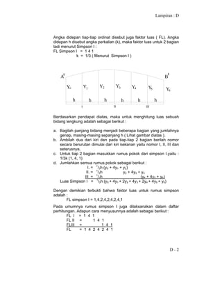 Lampiran : D
D - 2
Angka didepan tiap-tiap ordinat disebut juga faktor luas ( FL). Angka
didepan h disebut angka perkalian (k), maka faktor luas untuk 2 bagian
tadi menurut Simpson I :
FL Simpson I = 1 4 1
k = 1/3 ( Menurut Simpson I )
h h h h h h
Yo Y Y Y Y Y1 2 3 4 5 Y6
B
1
I II III
A
1
Berdasarkan pendapat diatas, maka untuk menghitung luas sebuah
bidang lengkung adalah sebagai berikut :
a. Bagilah panjang bidang menjadi beberapa bagian yang jumlahnya
genap, masing-masing sepanjang h ( Lihat gambar diatas ).
b. Ambilah dua dari kiri dan pada tiap-tiap 2 bagian berilah nomor
secara berurutan dimulai dari kiri kekanan yaitu nomor I, II, III dan
seterusnya.
c. Untuk tiap 2 bagian masukkan rumus pokok dari simpson I.yaitu :
1/3k (1, 4, 1)
d. Jumlahkan semua rumus pokok sebagai berikut :
I. = 1
/3h (y0 + 4y1 + y2)
II. = 1
/3h y2 + 4y3 + y4
III = 1
/3h (y4 + 4y5 + y6)
Luas Simpson I = 1
/3h (y0 + 4y1 + 2y2 + 4y3 + 2y4 + 4y5 + y6)
Dengan demikian terbukti bahwa faktor luas untuk rumus simpson
adalah :
FL simpson I = 1,4,2,4,2,4,2,4,1
Pada umumnya rumus simpson I juga dilaksanakan dalam daftar
perhitungan. Adapun cara menyusunnya adalah sebagai berikut :
FL I = 1 4 1
FL II = 1 4 1
FLIII = 1 4 1
FL = 1 4 2 4 2 4 1
 