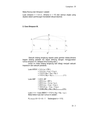 Lampiran : D
D - 3
Maka Rumus dari Simpson I adalah
Luas simpson I = k.h.Σ , dimana k = 1/3 dan semua angka yang
dipakai dalam perhitungan hendaklah dibuat desimal.
2. Cara Simpson III.
A
1
B
1
C
1
A
C
B
F
h h
Yo Y1 Y2
Sebuah bidang lengkung seperti pada gambar diatas,dimana
bagian bidang sebelah kiri dapat dihitung dengan menggunakan
rumus simpson III ( delapan lima kurang satu ).
Untuk ini maka bidang lengkung tadi dibagi menjadi sebuah
trapesium dan sebuah parabola.
Luas AFB’A’ = ½ h ( y0 + FB ).
= ½ h ( y0 + ½ y0 + ½ y2 ).
= 1/12 h ( 6y0 + 3y0 + 3y2 ).
= 1/12 h ( 9y0 + 3y2 )......................( I ).
Luas ABF = 2/3 h .BF
= 2/3 h ( y1 – B’F ).
= 2/3 h ( y1 – ½ ( y0 + y2 ).
= 2/3 h ( y1 – ½ y0 – ½ y2 ).
= 1/3 h.2 ( y1 - ½ y0 – ½ y2 ).
= 1/12h ( 8y1 – 4y0 – 4y2 ).............( II ).
Luas I + II = luas ABB’A’ = 1/12 h ( 5y0 + 8y1 – y2 ).
Maka faktor luas dari rumus ini adalah :
FL Simpson III = 5 + 8 – 1 Sedangkan k = 1/12.
 