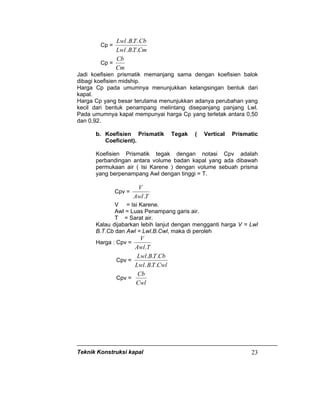 Teknik Konstruksi kapal 23
Cp =
CmTBLwl
CbTBLwl
...
...
Cp =
Cm
Cb
Jadi koefisien prismatik memanjang sama dengan koefisien balok
dibagi koefisien midship.
Harga Cp pada umumnya menunjukkan kelangsingan bentuk dari
kapal.
Harga Cp yang besar terutama menunjukkan adanya perubahan yang
kecil dari bentuk penampang melintang disepanjang panjang Lwl.
Pada umumnya kapal mempunyai harga Cp yang terletak antara 0,50
dan 0,92.
b. Koefisien Prismatik Tegak ( Vertical Prismatic
Coeficient).
Koefisien Prismatik tegak dengan notasi Cpv adalah
perbandingan antara volume badan kapal yang ada dibawah
permukaan air ( Isi Karene ) dengan volume sebuah prisma
yang berpenampang Awl dengan tinggi = T.
Cpv =
TAwl
V
.
V = Isi Karene.
Awl = Luas Penampang garis air.
T = Sarat air.
Kalau dijabarkan lebih lanjut dengan mengganti harga V = Lwl
B.T.Cb dan Awl = Lwl.B.Cwl, maka di peroleh
Harga : Cpv =
TAwl
V
.
Cpv =
CwlTBLwl
CbTBLwl
...
...
Cpv =
Cwl
Cb
 
