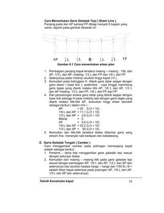 Teknik Konstruksi kapal 34
Cara Menentukan Garis Geladak Tepi ( Sheer Line ).
Panjang pada dari AP sampai FP dibagi menjadi 6 bagian yang
sama seperti pada gambar dibawah ini:
AP 1
6 L
1
3 L 1
3 L 1
6 L FPOI
Gambar 6.1 Cara menentukan sheer plan
1. Pembagian panjang kapal tersebut masing – masing : 1/6L dari
AP, 1/3 L dari AP, midship, 1/3 L dari FP dan 1/6 L dari FP.
2. Selanjutnya pada midship ukurkan tinggi kapal ( H ).
3. Kemudian pada ketinggian H ditarik garis datar sejajar dengan
garis dasar ( base line ), sedemikia rupa hingga memotong
garis tegak yang ditarik melalui titik AP, 1/6 L dari AP, 1/3 L
dari AP midship, 1/3 L dari FP, 1/6 L dari FP dan FP
4. Dari perpotongan antara garis datar yang ditarik sejajar dengan
base line setinggi H pada midship tadi dengan garis tegak yang
ditarik melalui titik-titik AP, diukurkan tinggi sheer standart
sebagai berikut ( dalam mm ) :
AP = 25 (L/3 + 10)
1/6 L dari AP = 11,1 (L/3 + 10)
1/3 L dari AP = 2,8 (L/3 + 10)
Miship = 0
AP = 5,6 (L/3 + 10)
1/6 L dari AP = 22,2 (L/3 + 10)
1/3 L dari AP = 50 (L/3 + 10)
5. Kemudian dari titik-titik tersebut diatas dibentuk garis yang
stream line, menanjak naik kedepan dan kebelakang.
E. Garis Geladak Tengah ( Camber )
Cara menggambar camber pada potongan memanjang kapal
adalah sebagai berikut :
1. Pertama – tama kita menggambar garis geladak tepi sesuai
dengan petunjuk diatas.
2. Kemudian dari masing – masing titik pada garis geladak tepi
sesuai dengan pembagian AP, 1/6 L dari AP, 1/3 L dari AP dan
seterusnya kita ukurkan keatas harga – harga dari 1/50 B ( B =
adalah lebar kapal setempat pada potongan AP, 1/6 L dari AP,
1/3 L dari AP dan seterusnya).
 