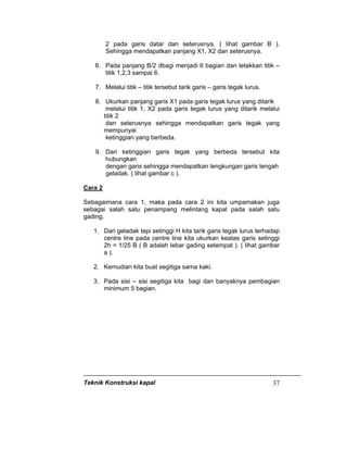 Teknik Konstruksi kapal 37
2 pada garis datar dan seterusnya. ( lihat gambar B ).
Sehingga mendapatkan panjang X1, X2 dan seterusnya.
6. Pada panjang B/2 dbagi menjadi 6 bagian dan letakkan titik –
titik 1,2,3 sampai 6.
7. Melalui titik – titik tersebut tarik garis – garis tegak lurus.
8. Ukurkan panjang garis X1 pada garis tegak lurus yang ditarik
melalui titik 1, X2 pada garis tegak lurus yang ditarik melalui
titik 2
dan seterusnya sehingga mendapatkan garis tegak yang
mempunyai
ketinggian yang berbeda.
9. Dari ketinggian garis tegak yang berbeda tersebut kita
hubungkan
dengan garis sehingga mendapatkan lengkungan garis tengah
geladak. ( lihat gambar c ).
Cara 2
Sebagaimana cara 1, maka pada cara 2 ini kita umpamakan juga
sebagai salah satu penampang melintang kapal pada salah satu
gading.
1. Dari geladak tepi setinggi H kita tarik garis tegak lurus terhadap
centre line pada centre line kita ukurkan keatas garis setinggi
2h = 1/25 B ( B adalah lebar gading setempat ). ( lihat gambar
a ).
2. Kemudian kita buat segitiga sama kaki.
3. Pada sisi – sisi segitiga kita bagi dan banyaknya pembagian
minimum 5 bagian.
 