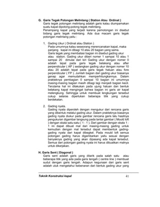 Teknik Konstruksi kapal 41
G. Garis Tegak Potongan Melintang ( Station Atau Ordinat )
Garis tegak potongan melintang adalah garis kalau diumpamakan
suatu kapal dipotong-potong tegak melintang.
Penampang kapal yang terjadi karena pemotongan ini disebut
bidang garis tegak melintang. Ada dua macam garis tegak
potongan melintang yaitu :
1. Gading Ukur ( Ordinat atau Station )
Pada umumnya kalau seseorang merencanakan kapal, maka
panjang kapal ini dibagi 10 atau 20 bagian yang sama.
Garis tegak yang membatasi bagian ini disebut gading ukur
atau station. Gading ukur diberi nomer 1 sampai 10 atau 1
sampai 20 dimulai dari kiri Gading ukur dengan nomer 0
adalah tepat pada garis tegak belakang atau after
perpendicular ( AP ) sedangkan gading ukur dengan nomer 10
atau 20 adalah tepat pada garis tegak haluan atau fore
perpendicular ( FP ). Jumlah bagian dari gading ukur biasanya
genap agar memudahkan memperhitungkannya. Dalam
prakteknya pembagian 0 sampai 10 bagian ini umumnya
masing-masing bagian masih dibagi lagi menjadi bagian kecil.
Terutama hal ini dilakukan pada ujung haluan dan bentuk
belakang kapal mengingat bahwa bagian ini garis air kapal
melengkung. Sehingga untuk membuat lengkungan tersebut
cukup selaras diperlukan beberapa titik yang cukup
berdekatan.
2. Gading nyata.
Gading nyata diperoleh dengan mengukur dari rencana garis
yang dibentuk melalui gading ukur. Dalam prakteknya biasanya
gading nyata diukur pada gambar rencana garis lalu hasilnya
pengukuran digambar langsung pada lantai gambar ( Mould loft
) dengan skala satu-satu ( 1 : 1 ). Dari gambar dengan skala 1 :
1 ini dapat dibuat mal dari masing-masing gading untuk
kemudian dengan mal tersebut dapat membentuk gading-
gading nyata dari kapal dibegkel. Pada mould loft semua
potongan gading harus digambarkan yaitu sesuai dengan
banyaknya gading yang akan dipasang ada kapal tersebut.
Semua dari potongan gading nyata ini harus dibuatkan malnya
untuk dikerjakan.
H. Garis Sent ( Diagonal )
Garis sent adalah garis yang ditarik pada salah satu atau
beberapa titik yang ada pada garis tengah ( centre line ) membuat
sudut dengan garis tengah. Adapun kegunaan dari garis sent
adalah utuk mengetahui kebenaran dari bentuk gading ukur yang
 