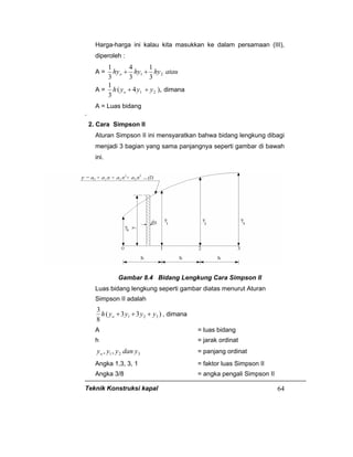 Teknik Konstruksi kapal 64
Harga-harga ini kalau kita masukkan ke dalam persamaan (III),
diperoleh :
A = atauhyhyhyo 21
3
1
3
4
3
1
++
A = ),4(
3
1
21 yyyh o ++ dimana
A = Luas bidang
.
2. Cara Simpson II
Aturan Simpson II ini mensyaratkan bahwa bidang lengkung dibagi
menjadi 3 bagian yang sama panjangnya seperti gambar di bawah
ini.
Gambar 8.4 Bidang Lengkung Cara Simpson II
Luas bidang lengkung seperti gambar diatas menurut Aturan
Simpson II adalah
)33(
8
3
321 yyyyh o +++ , dimana
A = luas bidang
h = jarak ordinat
321,, ydanyyyo = panjang ordinat
Angka 1,3, 3, 1 = faktor luas Simpson II
Angka 3/8 = angka pengali Simpson II
 