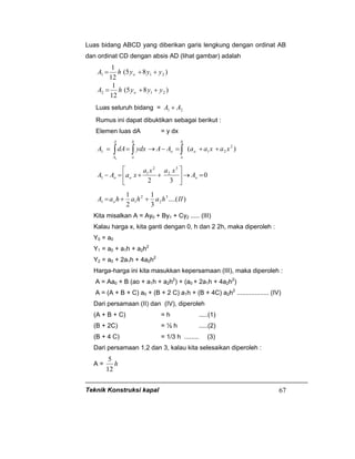 Teknik Konstruksi kapal 67
Luas bidang ABCD yang diberikan garis lengkung dengan ordinat AB
dan ordinat CD dengan absis AD (lihat gambar) adalah
)85(
12
1
211 yyyhA o ++=
)85(
12
1
212 yyyhA o ++=
Luas seluruh bidang = 21 AA +
Rumus ini dapat dibuktikan sebagai berikut :
Elemen luas dA = y dx
=1A )( 2
21 xaxaaAAydxdA o
h
o
o
A
A
h
oo
++=−→= ∫∫ ∫
0
32
3
2
2
1
1 =→





++=− ooo A
xaxa
xaAA
)....(
3
1
2
1 3
2
2
11 IIhahahaA o ++=
Kita misalkan A = Ay0 + By1 + Cy2 ..... (III)
Kalau harga x, kita ganti dengan 0, h dan 2 2h, maka diperoleh :
Y0 = a0
Y1 = a0 + a1h + a2h2
Y2 = a0 + 2a1h + 4a2h2
Harga-harga ini kita masukkan kepersamaan (III), maka diperoleh :
A = Aa0 + B (ao + a1h + a2h2
) + (a0 + 2a1h + 4a2h2
)
A = (A + B + C) a0 + (B + 2 C) a1h + (B + 4C) a2h2
.................. (IV)
Dari persamaan (II) dan (IV), diperoleh
(A + B + C) = h .....(1)
(B + 2C) = ½ h .....(2)
(B + 4 C) = 1/3 h ........ (3)
Dari persamaan 1,2 dan 3, kalau kita selesaikan diperoleh :
A = h
12
5
 