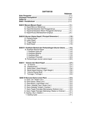 v
DAFTAR ISI
Halaman
Kata Pengantar ................................................................................. ( i )
Pemetaan Kompetensi ..................................................................... ( ii )
Daftar Isi ............................................................................................( v )
BAB I Pendahuluan ........................................................................( 1 )
BAB II Macam-Macam Kapal............................................................( 3 )
A. Kapal Menurut Bahannya. ..................................................( 3 )
B. Kapal Berdasarkan Alat Penggeraknya..............................( 4 )
C. Kapal berdasarkan Mesin Penggerak Utamanya ..............( 4 )
D. Kapal Khusus Berdasarkan fungsiya...........................................( 6 )
BAB III Ukuran Utama Kapal ( Pincipal Dimension ) .....................( 16 )
A. Panjang Kapal .. .................................................................( 16 )
B. Lebar Kapal …………………………………………………….( 18 )
C. Tinggi Kapal ....................................................................... ( 18 )
D. Sarat Kapal ........................................................................ ( 18 )
BAB IV Koefisien Bentuk dan Perbandingan Ukuran Utama ...... ( 19 )
A. Koefisien Bentuk Kapal ......................................................( 19 )
1. Koefisien Garis Air ..........................................................( 19 )
2. Koefisien Midship ...........................................................( 19 )
3. Koefisien Blok .................................................................( 19 )
4. Koefisien Prismatik .........................................................( 20 )
B. Perbandingan ukuran utama kapal ....................................( 24 )
BAB V Volume dan Berat Kapal ....................................................( 27 )
A. Isi Karene .........................................................................( 27 )
B. Displacement .................................................................... ( 27 )
C. Bobot Mati ( Dead Weight ) ..............................................( 29 )
D. Berat Kapal Kosong ( Light Weight ) ................................( 29 )
E. Volume Ruang Muat .........................................................( 30 )
F. Tonnage ( Tonnage ) ........................................................ ( 32 )
BAB VI Rencana Garis (Lines Plan) ...............................................( 33 )
A. Garis Air ( Water Line ) ......................................................( 33 )
B. Garis Dasar ( Base Line ) ...................................................( 33 )
C. Garis Muat ( Load Water Line ) ..........................................( 33 )
D. Garis Geladak Tepi ( Sheer Line ) .....................................( 33 )
E. Garis Geladak Tengah ( Camber ) .....................................( 33 )
F. Garis Tegak Potongan Memanjang ( Buttock Line ) ...........( 39 )
G. Garis Tegak Potongan Melintang ( Station or Ordinat ) ......( 41 )
H. Gading Ukur ( Station ) .......................................................( 41 )
1. Gading nyata .................................................................... (.41 )
 