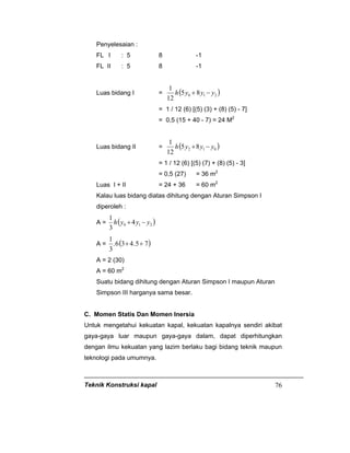 Teknik Konstruksi kapal 76
Penyelesaian :
FL I : 5 8 -1
FL II : 5 8 -1
Luas bidang I = ( )210 85
12
1
yyyh −+
= 1 / 12 (6) [(5) (3) + (8) (5) - 7]
= 0,5 (15 + 40 - 7) = 24 M2
Luas bidang II = ( )012 85
12
1
yyyh −+
= 1 / 12 (6) [(5) (7) + (8) (5) - 3]
= 0,5 (27) = 36 m2
Luas I + II = 24 + 36 = 60 m2
Kalau luas bidang diatas dihitung dengan Aturan Simpson I
diperoleh :
A = ( )210 4
3
1
yyyh −+
A = ( )75.436.
3
1
++
A = 2 (30)
A = 60 m2
Suatu bidang dihitung dengan Aturan Simpson I maupun Aturan
Simpson III harganya sama besar.
C. Momen Statis Dan Momen Inersia
Untuk mengetahui kekuatan kapal, kekuatan kapalnya sendiri akibat
gaya-gaya luar maupun gaya-gaya dalam, dapat diperhitungkan
dengan ilmu kekuatan yang lazim berlaku bagi bidang teknik maupun
teknologi pada umumnya.
 