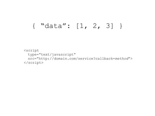 { “data”: [1, 2, 3] }


<script
  type=”text/javascript”
  src=”http://domain.com/service?callback=method”>
</script>
 