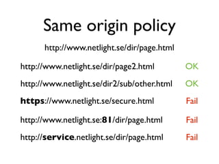 Same origin policy
      http://www.netlight.se/dir/page.html

http://www.netlight.se/dir/page2.html        OK
http://www.netlight.se/dir2/sub/other.html   OK
https://www.netlight.se/secure.html          Fail

http://www.netlight.se:81/dir/page.html      Fail
http://service.netlight.se/dir/page.html     Fail
 
