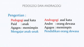 PEDOGOGI DAN ANDRAGOGI
Pengertian :
Pedogogi asal kata
Paid : anak
Agagos : memimpin
Mengajar anak-anak
Andragogi asal kat...