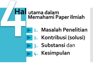 Hal utama dalam

Memahami Paper Ilmiah

1.
2.
3.
4.

Masalah Penelitian
Kontribusi (solusi)
Substansi dan
Kesimpulan

 