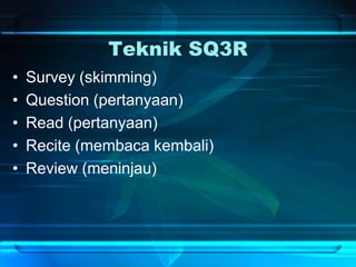 Teknik SQ3R
• Survey (skimming)
• Question (pertanyaan)
• Read (pertanyaan)
• Recite (membaca kembali)
• Review (meninjau)
 