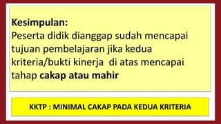 Kesimpulan:
Peserta didik dianggap sudah mencapai
tujuan pembelajaran jika kedua
kriteria/bukti kinerja di atas mencapai
tahap cakap atau mahir
KKTP : MINIMAL CAKAP PADA KEDUA KRITERIA
 