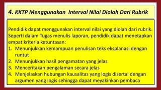 Pendidik dapat menggunakan interval nilai yang diolah dari rubrik.
Seperti dalam Tugas menulis laporan, pendidik dapat menetapkan
empat kriteria ketuntasan:
1. Menunjukkan kemampuan penulisan teks eksplanasi dengan
runtut
2. Menunjukkan hasil pengamatan yang jelas
3. Menceritakan pengalaman secara jelas
4. Menjelaskan hubungan kausalitas yang logis disertai dengan
argumen yang logis sehingga dapat meyakinkan pembaca
4. KKTP Menggunakan Interval Nilai Diolah Dari Rubrik
 