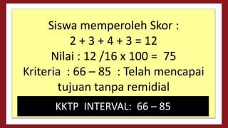Siswa memperoleh Skor :
2 + 3 + 4 + 3 = 12
Nilai : 12 /16 x 100 = 75
Kriteria : 66 – 85 : Telah mencapai
tujuan tanpa remidial
KKTP INTERVAL: 66 – 85
 