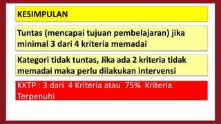 Tuntas (mencapai tujuan pembelajaran) jika
minimal 3 dari 4 kriteria memadai
Kategori tidak tuntas, Jika ada 2 kriteria tidak
memadai maka perlu dilakukan intervensi
KESIMPULAN
KKTP : 3 dari 4 Kriteria atau 75% Kriteria
Terpenuhi
 