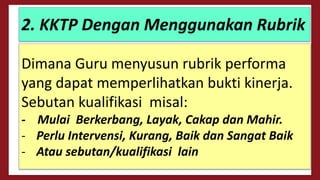 Dimana Guru menyusun rubrik performa
yang dapat memperlihatkan bukti kinerja.
Sebutan kualifikasi misal:
- Mulai Berkerbang, Layak, Cakap dan Mahir.
- Perlu Intervensi, Kurang, Baik dan Sangat Baik
- Atau sebutan/kualifikasi lain
2. KKTP Dengan Menggunakan Rubrik
 