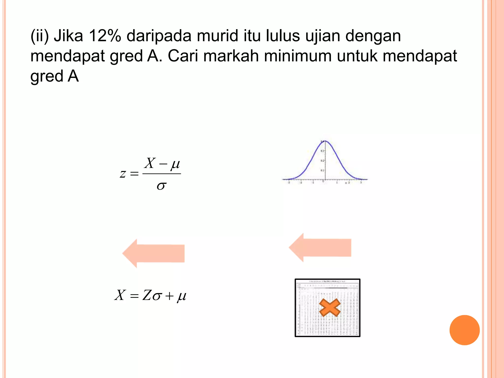 (ii) Jika 12% daripada murid itu lulus ujian dengan
mendapat gred A. Cari markah minimum untuk mendapat
gred A



X
z
  ZX
 