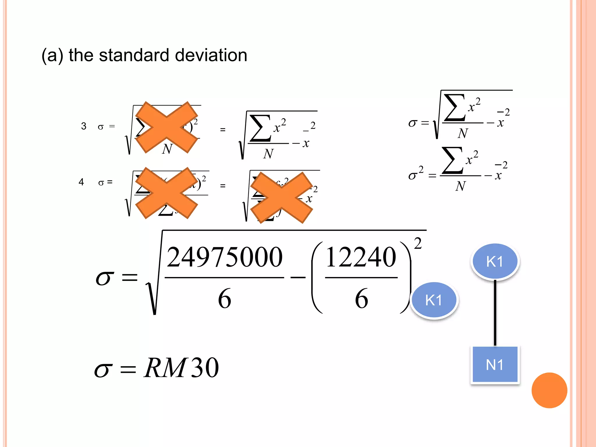 (a) the standard deviation
N
xx  2
)( 2_2
x
N
x



 
f
xxf 2
)( 2
2
x
f
fx



3  = =
4  = =
2
2
2
2
2
x
N
x
x
N
x






2
6
12240
6
24975000







30RM
K1
N1
K1
 