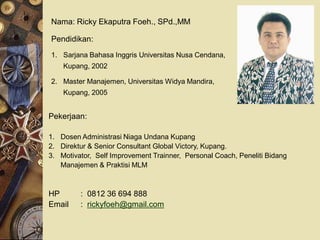 Nama: Ricky Ekaputra Foeh., SPd.,MM

Pendidikan:
1. Sarjana Bahasa Inggris Universitas Nusa Cendana,
    Kupang, 2002

2. Master Manajemen, Universitas Widya Mandira,
    Kupang, 2005


Pekerjaan:

1. Dosen Administrasi Niaga Undana Kupang
2. Direktur & Senior Consultant Global Victory, Kupang.
3. Motivator, Self Improvement Trainner, Personal Coach, Peneliti Bidang
   Manajemen & Praktisi MLM



HP       : 0812 36 694 888
Email    : rickyfoeh@gmail.com
 