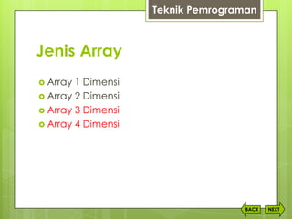 Jenis Array
NEXTBACK
 Array 1 Dimensi
 Array 2 Dimensi
 Array 3 Dimensi
 Array 4 Dimensi
Teknik Pemrograman
 