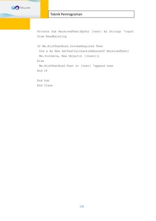 128
Teknik Pemrograman
Private Sub ReceivedText(ByVal [text] As String) 'input
from ReadExisting
If Me.RichTextBox2.InvokeRequired Then
Dim x As New SetTextCallback(AddressOf ReceivedText)
Me.Invoke(x, New Object() {(text)})
Else
Me.RichTextBox2.Text &= [text] 'append text
End If
End Sub
End Class
 
