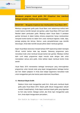 6
Teknik Pemrograman
Mendesain program visual grafis GUI (Graphical User Interface)
sebagai tampilan interface dan komunikasi
KEGIATAN 1 : Mengelola Graphical User Interface(GUI) Visual Basic 2010
Meskipun penggunaan grafis pada Visual Basic versi sebelumnya terlihat lebih
mudah karena memiliki banyak tool gambar, pada Visual Basic 2010 jauh lebih
fleksibel dalam pembuatan grafis. Misalnya dalam Visual Basic 6 peralatan
gambar termasuk di dalam toolbox dimana programmer hanya membutuhkan
menyeret kontrol bentuk ke dalam form untuk membuat lingkaran, kotak, elips,
persegi panjang dan lainnya. Namun, suatu penyederhanaan juga memiliki
kekurangan, Anda tidak memiliki banyak pilihan dalam membuat gambar.
Sejak Visual Basic berevolusi menjadi bahasa OOP sepenuhnya dalam kerangka
VB.net, kontrol bentuk tidak lagi tersedia. Sekarang programmer perlu
menuliskan kode untuk membuat banyak bentuk dan gambar. Meskipun terlihat
lebih rumit tetapi programmer dapat menulis kode dengan baik untuk
menciptakan semua jenis grafis. Anda bahkan dapat membuat kontrol Anda
sendiri.
Visual Basic 2010 menawarkan berbagai kemampuan yang memungkinkan
programmer untuk menulis kode yang dapat menggambarkan berbagai bentuk
dan font. Dalam pelajaran ini Anda akan belajar bagaimana menuliskan kode
untuk menggambar garis dan bentuk pada antarmuka Visual Basic.
1.1 Membuat Obyek Grafik
Sebelum Anda mulai menggambar pada form, Anda perlu membuat obyek
grafis pada Visual Basic 2010. Obyek grafik dibuat menggunakan sebuah
metode CreateGraphis(). Anda dapat membuat obyek grafis yang digambar
ke form atau kontrol. Sebagai contoh, jika Anda ingin menggambar pada
form, Anda dapat menggunakan pernyataan ;
Dim Grafik As Graphics = me.CreateGraphics
 