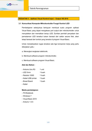 132
Teknik Pemrograman
KEGIATAN 3 : Aplikasi Visual Kontrol Input – Output VB 2010
3.1 Komunikasi Komputer-Mikrokontroller Fungsi Kontrol LED
Pembelajaran selanjutnya bertujuan membuat suatu program aplikasi
Visual Basic yang dapat mengakses port output dari mikrokontroller untuk
menyalakan dan mematikan lampu LED. Sumber perintah penyalaan dan
pemadaman LED tersebut bukan berasal dari saklar secara fisik, akan
tetapi berasal dari tombol yang berada di program Visual Basic.
Untuk merealisasikan tugas tersebut ada tiga komponen kerja yang perlu
dikerjakan yaitu :
a. Merangkai rangkaian elektronik.
b. Membuat software program mikrokontroller.
c. Membuat software program Visual Basic.
Alat dan Bahan :
- Arduino Uno R3 1 unit
- LED 3mm 1 buah
- Resistor 330Ω 1 buah
- Kabel USB printer 1 buah
- Bread Board 1 buah
- Kabel
Media pembelajaran
- PC/Notebook
- Windows 7
- Visual Basic 2010
- Arduino 1.0.5
 