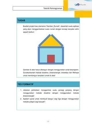 31
Teknik Pemrograman
TUGAS
Buatlah project baru bernama “Gambar_Rumah”, desainlah suatu aplikasi
yang akan menggambarkan suatu rumah dengan konsep tampilan akhir
seperti berikut :
Gambar di atas harus dibangun dengan menggunakan script terprogram.
Gunakankanlah metode drawline, drawrectangle, drawelips dan fillshape
untuk membangun tampilan rumah di atas!
TES FORMATIF
1. Jelaskan perbedaan menggambar suatu persegi panjang dengan
menggunakan metode drawline dengan menggunakan metode
drawrectangle!
2. Apakah syarat untuk membuat bangun segi tiga dengan menggunakan
metode poligon segi banyak?
 