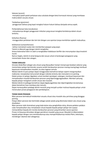 Sebutan (accent)
-menyebut patah-patah perkataan atau sukukata dengan betul termasuk intonasi yang membawa
makna dalam sesuatu situasi.

Tatabahasa (grammer)
-penggunaan bahasa yang tepat mengikut hukum-hukum bahasa daripada semua aspek.

Perbendaharaan kata (vocabulary)
-meluaskannya dengan penggunaan imbuhan yang sesuai mengikut konteksnya dalam situasi
tertentu.

Kefasihan (fluency)
-menggunakan perkataan dan lain-lain dengan cara spontan tanpa memikirkan apakah maksudnya.

Kefahaman (comprehension)
-latihan memahami soalan dan memberikan jawapan yang wajar.
Teknik ini dikenali juga dengan teknik menghafaz.
Antara kelemahan tekni ini ialah ia menghadkan kebebasan berfikir dan menumpukan daya kreativiti
murid.
Namun begitu, teknik ini amat berguna dan sesuai untuk isi kandungan pengajaran yang
memerlukan ikutan dan ulangan.

TEKNIK SIMULASI
Simulasi ditakrifkan sebagai satu situasi yang diwujudkan hampir menyerupai keadaan sebenar yang
memerlukan pelajar berinteraksi sesama sendiri berdasarkan peranan masing-masing bagi membuat
keputusan menyelesaikan masalah, isu atau tugasan semula.
Melalui teknik ini para pelajar dapat menggunakan kemahiran belajar seperti mengumpulkan
maklumat, menjalankan temuramah dengan individu tertentu dan mencatat isi-isi penting.
Dalam proses ini pelajar digalakan untuk memberi pendapat, cadangan, membuat keputusan dan
menyelesaikan masalah berdasarkan peranan yang dipertanggungjawabkan. Memberi peluang
kepada pelajar mengalami sendiri situasi dan masalah.
Melalui teknik ini pelbagai kemahiran dapat digabungjalinkan dan dipertingkatkan terutamanya
dalam kemahiran lisan membaca dan menulis.
Dapat menwujudkan pelabagi aktiviti menarik yang menjadi sumber motivasi kepada pelajar untuk
meneruskan proses pengajaran dan pembelajaran.

TEKNIK MAIN PERANAN
Main peranan bermaksud melakonkan sesuatu situasi atau masalah atau peristiwa yang dianggap
penting.
Pelajar diberi peranan dan bertindak sebagai watak-watak yang ditentukan dalam satu situasi yang
disediakan.
Main peranan ialah dramatisasi yang tiada kaitan atau penghafalan skrip, dimana pelakon-pelakon
cuba menyelesaikan atau menjelaskan situasi kepada kepada pelajar-pelajar lain supaya
mempraktikan kepada diri mereka berdasarkan peranan yang dimainkan secara spontan.
Proses ini biasanya dimulakan dengan pemikiran masalah yang sesuai. Masalah ini dikemukakan
kepada pelajar dengan cara membacakannya atau memperlihatkannya melalui filem, televisyen,
mendengar rakaman dan sebagainya.
 