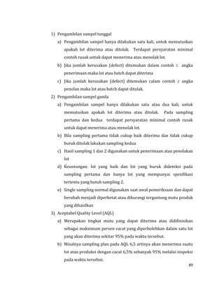 89
1) Pengambilan sampel tunggal
a) Pengambilan sampel hanya dilakukan satu kali, untuk memutuskan
apakah lot diterima atau ditolak. Terdapat persyaratan minimal
contoh rusak untuk dapat menerima atau menolak lot.
b) Jika jumlah kerusakan (defect) ditemukan dalam contoh  angka
penerimaan maka lot atau batch dapat diterima
c) Jika jumlah kerusakan (defect) ditemukan calam contoh  angka
penolan maka lot atau batch dapat ditolak.
2) Pengambilan sampel ganda
a) Pengambilan sampel hanya dilakukan satu atau dua kali, untuk
memutuskan apakah lot diterima atau ditolak. Pada sampling
pertama dan kedua terdapat persyaratan minimal contoh rusak
untuk dapat menerima atau menolak lot.
b) Bila sampling pertama tidak cukup baik diterima dan tidak cukup
buruk ditolak lakukan sampling kedua
c) Hasil sampling 1 dan 2 digunakan untuk penerimaan atau penolakan
lot
d) Keuntungan: lot yang baik dan lot yang buruk dideteksi pada
sampling pertama dan hanya lot yang mempunyai spesifikasi
tertentu yang butuh sampling 2.
e) Single sampling normal digunakan saat awal pemeriksaan dan dapat
berubah menjadi diperketat atau dikurangi tergantung mutu produk
yang dihasilkan
3) Aceptabel Quality Level (AQL)
a) Merupakan tingkat mutu yang dapat diterima atau didifinisikan
sebagai maksimum persen cacat yang diperbolehkan dalam satu lot
yang akan diterima sekitar 95% pada waktu tersebut.
b) Misalnya sampling plan pada AQL 6,5 artinya akan menerima suatu
lot atau produksi dengan cacat 6,5% sebanyak 95% melalui inspeksi
pada waktu tersebut.
 