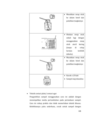 108
 Masukkan swap stick
ke dalam botol dan
patahkan tangkainya
 Oleskan swap stick
sekali lagi dengan
menggunakan swap
stick steril kering
(tanpa di celup
larutan terlebih
dahulu).
 Masukkan swap stick
ke dalam botol dan
patahkan tangkainya
 Kocok ± 25 kali
 Sampel siap dianalisa
 Teknik contact plate/ contact agar
Pengambilan sampel menggunakan cara ini adalah dengan
menempelkan media pertumbuhan pada permukaan sampel.
Cara ini cukup praktis dan tidak memerlukan teknik khusus.
Kelebihannya yaitu sederhana, cocok untuk sampel dengan
 
