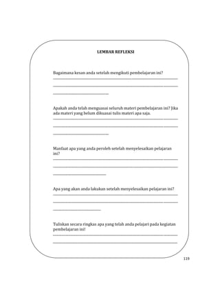 119
LEMBAR REFLEKSI
Bagaimana kesan anda setelah mengikuti pembelajaran ini?
.............................................................................................................................................
.............................................................................................................................................
...............................................................
Apakah anda telah menguasai seluruh materi pembelajaran ini? Jika
ada materi yang belum dikuasai tulis materi apa saja.
.............................................................................................................................................
.............................................................................................................................................
...............................................................
Manfaat apa yang anda peroleh setelah menyelesaikan pelajaran
ini?
.............................................................................................................................................
.............................................................................................................................................
............................................................
Apa yang akan anda lakukan setelah menyelesaikan pelajaran ini?
.............................................................................................................................................
.............................................................................................................................................
......................................................
Tuliskan secara ringkas apa yang telah anda pelajari pada kegiatan
pembelajaran ini!
.............................................................................................................................................
.............................................................................................................................................
..............................................................
 