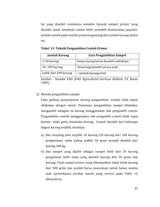 87
lot yang diambil contohnya semakin banyak sampel primer yang
diambil untuk membuat contoh lebih mewakili keseluruhan populasi.
Jumlah contoh pada contoh primertergantung dari jumlah karung dalam
lot.
Tabel 13. Teknik Pengambilan Contoh Primer
Jumlah Karung Cara Pengambilan Sampel
1-10 karung Semua karug harus diambil contohnya
10 -100 karung 10 karung diambil secara acak
Lebih dari 100 karung  jumlah karung total
Sumber : Standar FAO (FAO Agricultural Services Bulletin 74, Rome
1989)
2) Metode pengambilan sampel
Pada gudang penyimpanan karung pengambilan sampel tidak dapat
dilakukan dengan mesin. Umumnya pengambilan sampel dilakukan
mengambil sebagian isi karung menggunakan alat pengambil contoh.
Pengambilan contoh menggunakan alat pengambil contoh lebih cepat
karena tidak perlu membuka karung. Contoh diambil dari beberapa
bagian karung terpilih, misalnya:
a) Jika sampling plan terpilih 10 karung (10 karung dari 100 karung
pengiriman), maka paling sedikit 50 gram produk diambil dari
karung 100 kg.
b) Jika sampel yang dipilih sebagai sampel lebih dari 10 karung
pengiriman lebih maka yang diambil kurang dari 50 gram tiap
karung. Total sampel primer yang dikumpulkan tidak boleh kurang
dari 500 gram dan jumlah harus mencukupi untuk bahan analisa
atau pemeriksaan produk seterti yang tertera pada Tabel 14
dibawah ini.
 