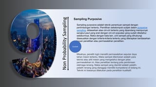 Non
Probability
Sampling
Sampling Purposive
Sampling purposive adalah teknik penentuan sampel dengan
pertimbangan tertentu. Pemilihan sekelompok subjek dalam purposive
sampling, didasarkan atas ciri-ciri tertentu yang dipandang mempunyai
sangkut paut yang erat dengan ciri-ciri populasi yang sudah diketahui
sebelumnya. Maka dengan kata lain, unit sampel yang dihubungi
disesuaikan dengan kriteria-kriteria tertentu yang diterapkan berdasarkan
tujuan penelitian atau permasalahan penelitian.
Misalnya, peneliti ingin meneliti permasalahan seputar daya
tahan mesin tertentu. Maka sampel ditentukan adalah para
teknisi atau ahli mesin yang mengetahui dengan jelas
permasalahan ini. Atau penelitian tentang pola pembinaan
olahraga renang. Maka sampel yang diambil adalah pelatih-
pelatih renang yang dianggap memiliki kompetensi di bidang ini.
Teknik ini biasanya dilakukan pada penelitian kualitatif.
Contoh
 