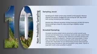 Non
Probability
Sampling
Sampling Jenuh
Sampling jenuh adalah sampel yang mewakili jumlah populasi. Biasanya
dilakukan jika populasi dianggap kecil atau kurang dari 100. Saya sendiri
lebih senang menyebutnya total sampling.
Misalnya akan dilakukan penelitian tentang kinerja guru di SMA XXX Jakarta.
Karena jumlah guru hanya 35, maka seluruh guru dijadikan sampel
penelitian.
Snowball Sampling
Snowball sampling adalah teknik penentuan jumlah sampel yang
semula kecil kemudian terus membesar ibarat bola salju (seperti Multi
Level Marketing….). Misalnya akan dilakukan penelitian tentang pola
peredaran narkoba di wilayah A. Sampel mula-mula adalah 5 orang
Napi, kemudian terus berkembang pada pihak-pihak lain sehingga
sampel atau responden teruuus berkembang sampai ditemukannya
informasi yang menyeluruh atas permasalahan yang diteliti. Teknik ini
juga lebih cocok untuk penelitian kualitatif.
 