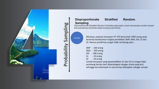 Probability
Sampling
Disproportionate Stratified Random
Sampling
Disproportionate Stratified Random Sampling digunakan untuk menentukan jumlah sampel
bila populasinya berstrata tetapi kurang proporsional.
Contoh
Misalnya, populasi karyawan PT. XYZ berjumlah 1000 orang yang
berstrata berdasarkan tingkat pendidikan SMP, SMA, DIII, S1 dan
S2. Namun jumlahnya sangat tidak seimbang yaitu :
SMP : 100 orang
SMA : 700 orang
DIII : 180 orang
S1 : 10 orang
S2 : 10 orang
Jumlah karyawan yang berpendidikan S1 dan S2 ini sangat tidak
seimbang (terlalu kecil dibandingkan dengan strata yang lain)
sehingga dua kelompok ini seluruhnya ditetapkan sebagai sampel
 