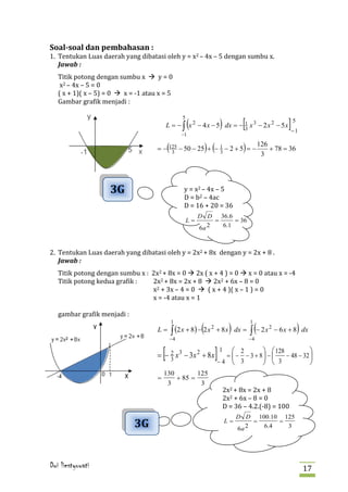 1. Tentukan Luas daerah yang dibatasi oleh y = x2 – 4x – 5 dengan sumbu x.
Soal-soal dan pembahasan :


   Titik potong dengan sumbu x  y = 0
   Jawab :

    x2 – 4x – 5 = 0
   ( x + 1)( x – 5) = 0  x = -1 atau x = 5
   Gambar grafik menjadi :


                                                         (              )           [                       ]−51
                                                     5
                                             L = − ∫ x 2 − 4 x − 5 dx = − 1 x 3 − 2 x 2 − 5 x
                                                                          3
                                                     −1

                                             (                  ) (
                                     = − 125 − 50 − 25 + − 1 − 2 + 5 = −
                                          3                3
                                                                                    )        126
                                                                                              3
                                                                                                 + 78 = 36




                                                      y = x2 – 4x – 5
                                                      D = b2 – 4ac
                     3G
                                                      D = 16 + 20 = 36
                                                              D D 36.6
                                                         L=        =     = 36
                                                              6a 2   6.1



2. Tentukan Luas daerah yang dibatasi oleh y = 2x2 + 8x dengan y = 2x + 8 .

   Titik potong dengan sumbu x : 2x2 + 8x = 0  2x ( x + 4 ) = 0  x = 0 atau x = -4
   Jawab :

   Titik potong kedua grafik :   2x2 + 8x = 2x + 8  2x2 + 6x – 8 = 0
                                 x2 + 3x – 4 = 0  ( x + 4 )( x – 1 ) = 0
                                 x = -4 atau x = 1

   gambar grafik menjadi :

                                                 ∫ (2 x + 8) −(2 x + 8 x )              ∫ (− 2 x                )
                                                 1                                      1
                                     L=                           2
                                                                                 dx =              2
                                                                                                       − 6 x + 8 dx
                                              −4                                        −4


                                         [
                                     = − 2 x 3 − 3x 2 + 8 x
                                         3
                                                                      ]−14 =  − 23 − 3 + 8  −  128 − 48 − 32 
                                                                                                         3



                                                                            2x2 + 8x = 2x + 8
                                         130        125
                                     =       + 85 =


                                                                            2x2 + 6x – 8 = 0
                                          3          3


                                                                            D = 36 – 4.2.(-8) = 100
                                                                                 D D 100.10 125
                             3G                                             L=
                                                                                 6a 2
                                                                                      =
                                                                                        6.4
                                                                                            =
                                                                                              3




Dwi liestyowati                                                                                                     17
 