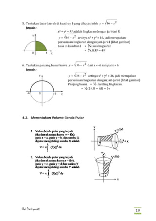 5. Tentukan Luas daerah di kuadran I yang dibatasi oleh y = 16 − x 2

                         x2 + y2 = R2 adalah lingkaran dengan jari-jari R
   Jawab :


                           y = 16 − x 2 artinya x2 + y2 = 16, jadi merupakan
                          persamaan lingkaran dengan jari-jari 4 (lihat gambar)
                          Luas di kuadran I = ¼.Luas lingkaran
                                            = ¼.π.R2 = 4π



6. Tentukan panjang busur kurva y = 36 − x 2 dari x = -6 sampai x = 6


                                        36 − x 2 artinya x2 + y2 = 36, jadi merupakan
   Jawab :


                                  persamaan lingkaran dengan jari-jari 6 (lihat gambar)
                                  y=

                                  Panjang busur = ½ .keliling lingkaran
                                           = ½.2π.R = πR = 6π




4.2. Menentukan Volume Benda Putar




Dwi liestyowati                                                                     19
 