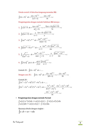 Untuk contoh 14 kita bisa langsung memakai 3G :

                                    (2 x + 5) 7 +1      (2 x + 5)8
        ∫ (2 x + 5) dx =                           +c =            +c
                   7



        Pengintegralan dengan metode Subtitusi 3G lainnya :
                                      2.(7 + 1)             16



        1.
                                                     1 +1
                                 (ax + b) 2       2(ax + b) (ax + b)
             ∫       ax + b dx =
                                   a( 1 + 1)
                                             +c =
                                                          3a
                                                                     +c


        2.
                                      2

                                          n (ax + b) n (ax + b)
             ∫   n   (ax + b) dx =
                                        n +1         a
                                                                +c


        3.             n m −1                        (ax m + b) n +1
             ∫ (ax + b) x dx =                                       +c
                  m
                                                       ma(n + 1)


        4.
                                                   n (ax + b) (ax + b)
                                                        m     n  m
                                     m −1
             ∫       (ax + b) .x            dx =                       +c
                 n      m
                                                 n +1        ma

        5. ∫
                                                            − 1 +1
                                                            n −1
                     x m −1(ax m + b) n        n n (ax + b)
                                                      m
                      dx =              +c =      .              +c
             n
               ax + b
                 m          ma(− 1 + 1)
                                   n
                                             n −1      ma


        6.
                                                                     n +1
                                            g ( x) [ f ( x)]
             ∫ [ f ( x)]
                            n
                                g ( x) dx =        .                        +c
                                            f ( x)      n +1


        Contoh 19 :             ∫ (3x − 6)
                                                9
                                                    dx = .....

        Dengan cara 3G :
                                                                     (3 x − 6)9 +1      (3 x − 6)10
                                        ∫ (3x − 6) dx =                            +c =             +c
                                                  9



        Contoh 20 :
                                                                       3(9 + 1)              30


        ∫ (3x + 2 x + 4) (7 x + 4 x ) dx = .....
             7     6    5    6     5


                                                                      7x6 + 4x5
                                                               (3 x 7 + 2 x 6 + 4) 6
        ∫ (3x + 2 x + 4) (7 x + 4 x ) dx = 3(7 x 6 + 4 x 5 ) .                       +c
                 7          6       5       6          5
                                                                         6
                                                                     (3 x 7 + 2 x 6 + 4) 6
                                                                 =                         +c
                                                                              18
    ∗ Pengintegralan dengan metode Parsial




        Biasanya ditulis dengan singkat :

        ∫ u dv = uv − vdu

Dwi liestyowati                                                                                          8
 
