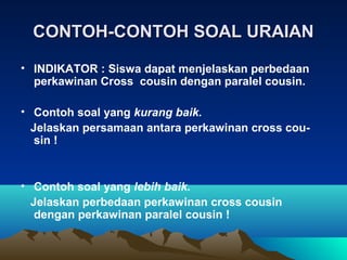 CONTOH-CONTOH SOAL URAIAN

• INDIKATOR : Siswa dapat menjelaskan perbedaan
  perkawinan Cross cousin dengan paralel cousin.

• Contoh soal yang kurang baik.
  Jelaskan persamaan antara perkawinan cross cou-
   sin !


• Contoh soal yang lebih baik.
  Jelaskan perbedaan perkawinan cross cousin
   dengan perkawinan paralel cousin !
 
