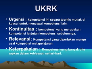 UKRK
• Urgensi ; kompetensi ini secara teoritis mutlak di
  kuasai untuk mencapai kompetensi lain.
• Kontinuitas ; kompetensi yang merupakan
  kompetensi lanjutan kompetensi sebelumnya.
• Relevansi; Kompetensi yang diperlukan mengu
  asai kompetnsi matapelajaran.
• Keterpakaian ; Kompetensi yang banyak dite
  rapkan dalam kebiasaan sehari-hari.
 
