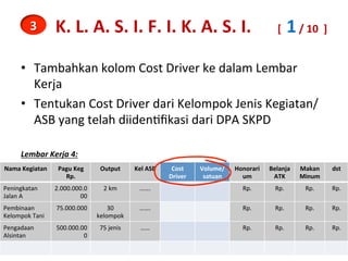 •  Tambahkan	
  kolom	
  Cost	
  Driver	
  ke	
  dalam	
  Lembar	
  
Kerja	
  
•  Tentukan	
  Cost	
  Driver	
  dari	
  Ke...